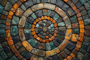 Fototapeta premium Colorful circular mosaic pattern with blue and orange tones, geometric and decorative.