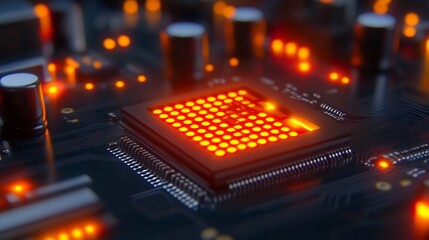 Glowing Microchip Close-Up: Intricate 3D Render of Futuristic Circuit Board Technology. AI Generated