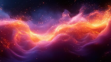 Obraz premium A vibrant cosmic scene with swirling clouds of purple and orange hues, illuminated by sparkling stars, creating a mesmerizing celestial atmosphere.