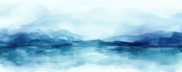 Watercolor abstract background concept. Tranquil watercolor landscape with blue hues, mountains and calm water reflecting sky.