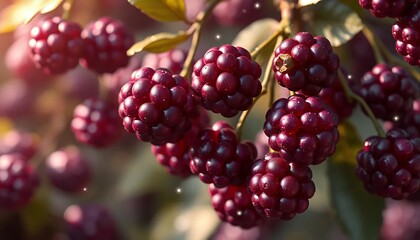 Mystical Blackberry Illustration: A Close-Up View of Ripe, Juicy Blackberries on a Branch, Bathed in Golden Sunlight.  Perfect for culinary, health, and nature-themed projects.  Digital illustration e