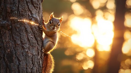 Animal Environmental ScienceTechnology concept. A squirrel clings to a tree trunk, illuminated by warm sunlight, creating a serene and enchanting natural scene.