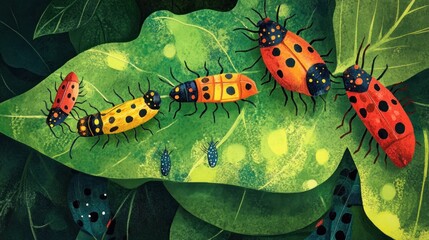Vibrant Beetles on Lush Green Leaf: A Colorful Close-Up of Nature's Tiny Wonders
