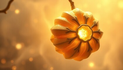 Mystical Glowing Orange Fruit Illustration: A radiant, luminescent orb of fantasy, hanging from a branch in an enchanted, dreamlike forest.  This digital artwork evokes a sense of wonder and magic, pe