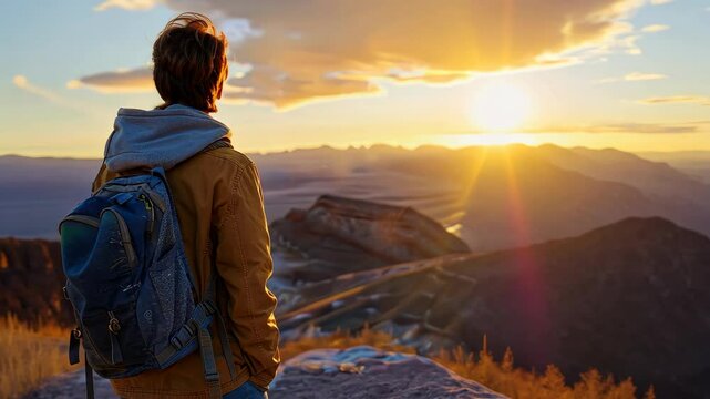 Sunset view from mountaintop with hiker admiring the landscape and vibrant sky