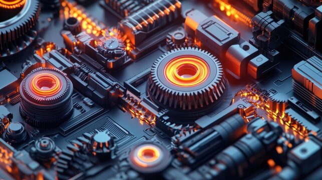 Mechanical engineering concept, gears and tools in 3D isometric projection vector illustration, cogwheels and cogs system technology and technics work in progress.