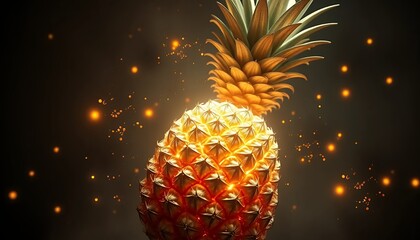 Mystical Golden Pineapple: A Glowing Tropical Fruit Illustration.  This vibrant digital artwork depicts a pineapple radiating golden light and sparkles against a dark background, creating a magical an