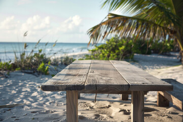 Wooden Table on the Beach with Ample Copy Space
