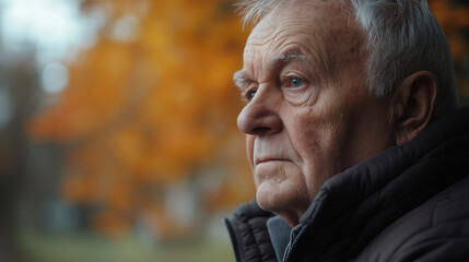 A thoughtful elderly man looking into the distance, wearing a black jacket, with autumn leaves blurred in the background. The portrait captures a sense of nostalgia and serenity.