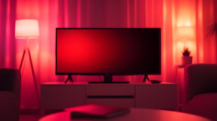 Fototapeta premium Modern red streaming interface displayed on a high-definition television screen, featuring a sleek and vibrant design with shallow depth of field, highlighting technology and entertainment concepts