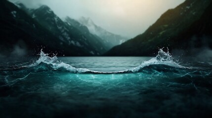Obraz premium Breathtaking landscape of a misty moody mountain lake with crashing tumultuous waves and dramatic cinematic lighting Serene yet captivating natural scenery evoking a sense of adventure and
