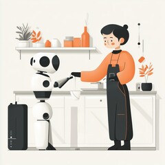 Art showing a human and a robot working together in a modern kitchen setting with minimalist design elements.