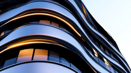 Abstract Architectural Design: Modern Building Facade with Curving Lines and Warm Lighting