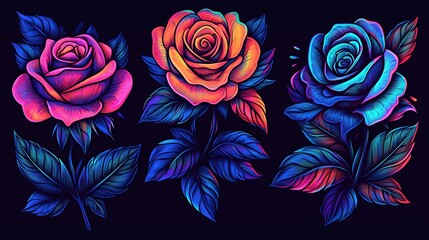 Vibrant neon roses, pink, orange, blue flowers.