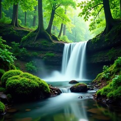 waterfalls in the forest with soft focus and lush vegetation, foliage, natural beauty