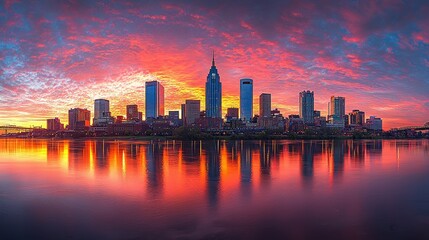 Fototapeta premium Vibrant Sunset over Nashville Skyline Reflecting in Calm Water