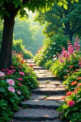 Obraz premium Winding stone path lined with lush greenery and vibrant flowers, NYC, blooming flowers, nature