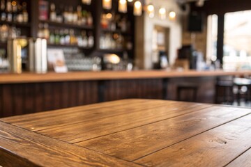 Wooden top with blurred empty coffee shop background can be used for mocking up or display product to make advertising.