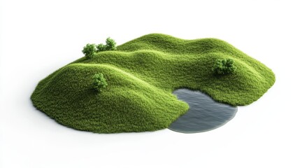 Scenic Green Hills with Trees and Serene Water Pond in Nature