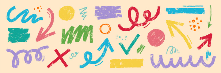Doodle abstract shape background texture brush color set. Hand drawn sketch crayon scribble brush geometric shape color chalk effect background. Abstract arrow, circle, zigzag vector illustration