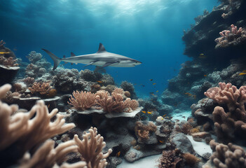 Fototapeta premium shark reef jaw danger teeth red sun sea life salt deep swim dive hard blue fish light