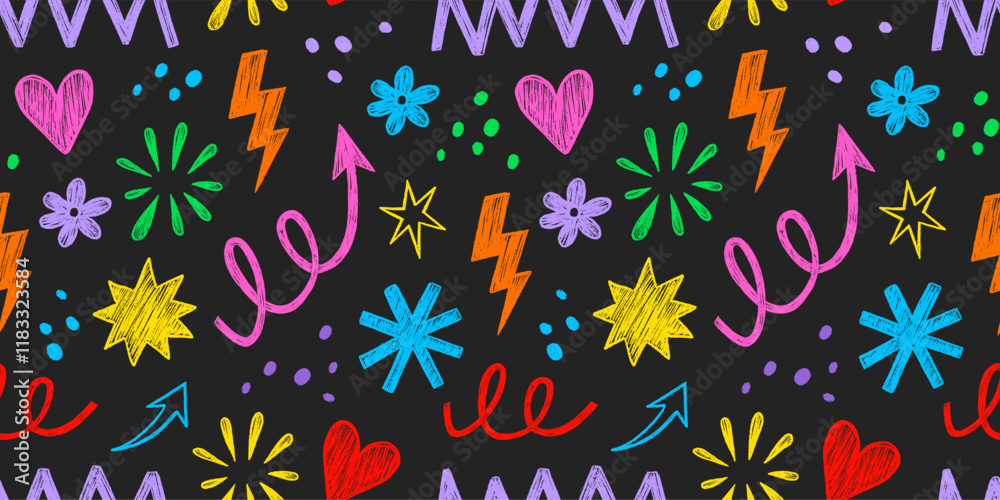 Poster pencil crayon kid seamless pattern child fun shape squiggle confetti background. hand drawn color cr