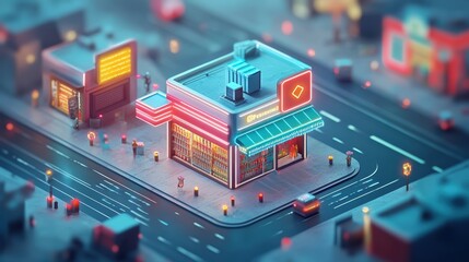 adoption of blockchain technology in Small and Medium Enterprises blockchain theme, showing small companies like real state, grocery store, NFT market place, startups icons all on a blockchain network