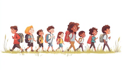 a 2D cartoon illustration of a group of children on a school field trip, exploring and learning, white background--ar 16:9