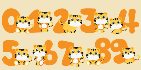 Cute Cartoon Tigers with Numbers Illustration