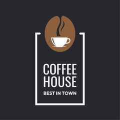 Coffee cup logo. Coffee house label on black