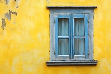 Colorful window on yellow wall with blue wooden shutters. Abstract background