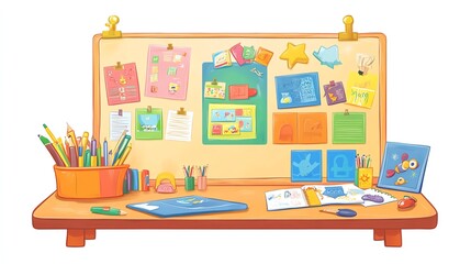 a 2D cartoon illustration of a classroom bulletin board with colorful posters, creative and inviting, white background--ar 16:9