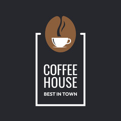 Coffee cup logo. Coffee house label on black