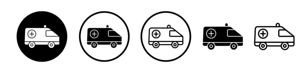 Ambulance icons set in black filled and line stroke style on white background