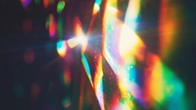 Prismatic light leaks with rainbow bokeh on dark background