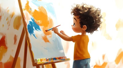 a 2D cartoon illustration of a child painting on an easel, creative and artistic, white background--ar 16:9