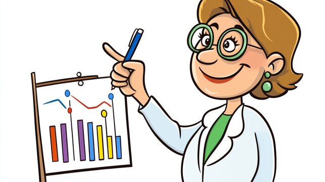 a 2D cartoon illustration of a teacher using a pointer to explain a chart, focused and informative, white background--ar 16:9