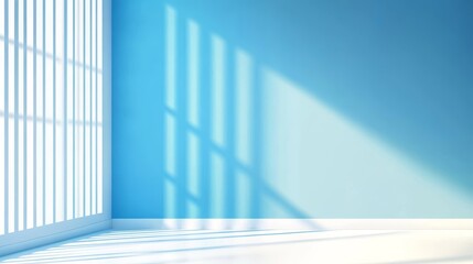 A serene blue room with shadows cast by sunlight through a window.