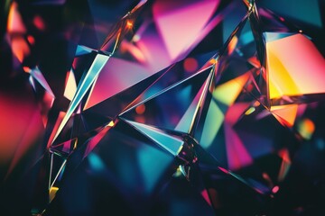 Abstract colorful crystal facets, glowing, dark background, design element