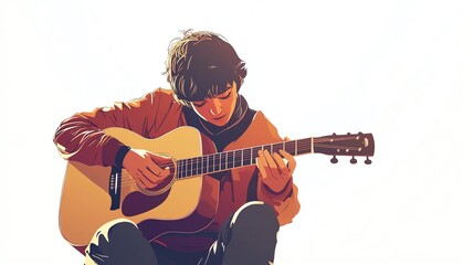 Obraz premium a 2D cartoon illustration of a student learning to play guitar, musical education, white background--ar 16:9