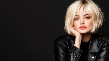 Fototapeta premium A stylish young woman with blonde hair poses thoughtfully against a dark background.
