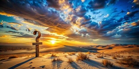 Panoramic Desert Landscape with Giant Question Mark Signpost