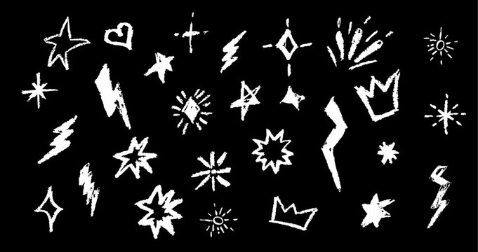 Crayon firecracker stars heart and crown in black color. BW collection of rock n roll design elements. Grunge texture punk and grafitty symbols. Cartoon charcoal handdrawn icons. Vector illustration.