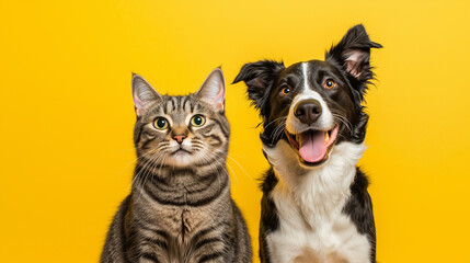 Grey tabby cat and Border Collie dog posing happily on a yellow background