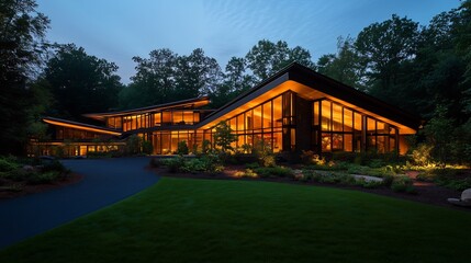 Obraz premium Illuminated Modern House in Wooded Area at Dusk