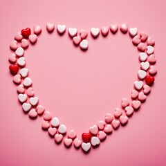 Obraz premium Romantic heart candies border on pink backdrop for valentine's day