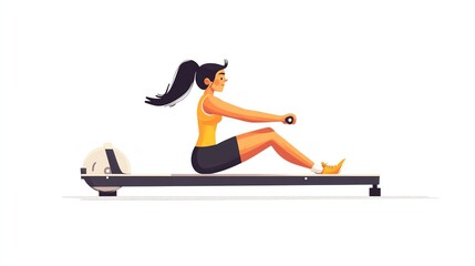 a 2D cartoon illustration of a person using a rowing machine, building endurance, white background--ar 16:9