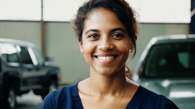 Smiley young African American female car repair master looking at camera. Meet the smiley car repair master, where expertise meets enthusiasm in every repair!