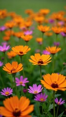 Fototapeta premium A field of bright orange and pink flowers with some purple wildflowers scattered around them amidst green grass, garden, orange, nature