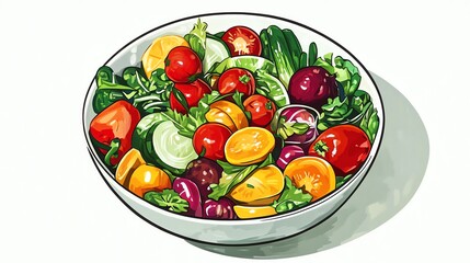 a 2D cartoon illustration of a bowl of fresh fruits and vegetables, healthy and colorful, white background--ar 16:9